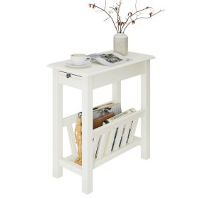 2-Tier Narrow End Table with Pull-out Tray and Solid Rubber Wood Legs