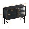 43.31"Glass Doors Modern MDF Cabinet with Featuring Two-tier Storage for Entryway Living Room Bathroom Dining Room,Matte Black